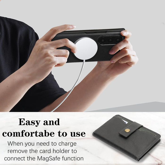 For Samsung Galaxy Z Fold7 5G Magnetic Button Card Bag Magsafe Ring Leather Phone Case