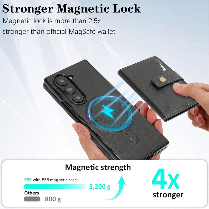 For Samsung Galaxy Z Fold7 5G Magnetic Button Card Bag Magsafe Ring Leather Phone Case
