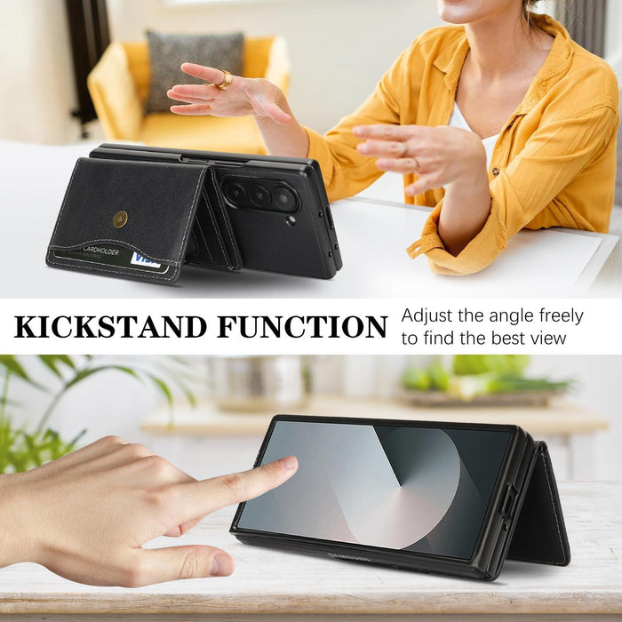 For Samsung Galaxy Z Fold7 5G Magnetic Button Card Bag Magsafe Ring Leather Phone Case