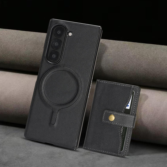 For Samsung Galaxy Z Fold7 5G Magnetic Button Card Bag Magsafe Ring Leather Phone Case