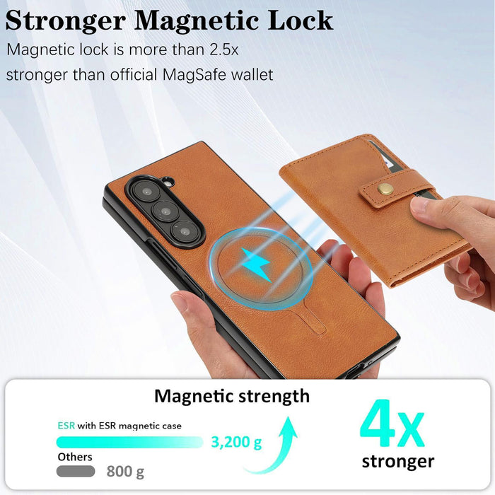 For Samsung Galaxy Z Fold7 5G Magnetic Button Card Bag Magsafe Ring Leather Phone Case