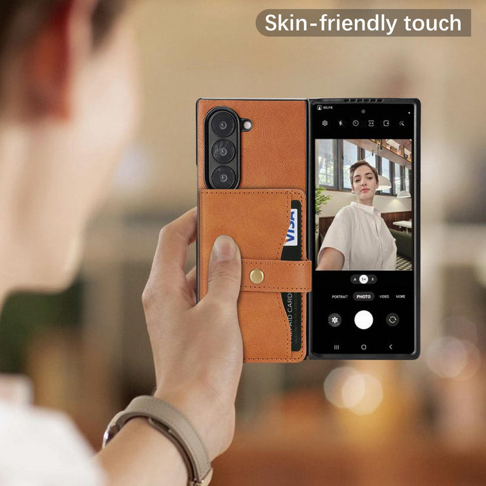 For Samsung Galaxy Z Fold7 5G Magnetic Button Card Bag Magsafe Ring Leather Phone Case