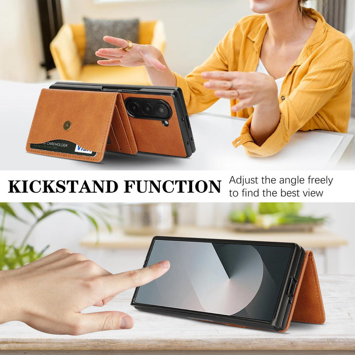 For Samsung Galaxy Z Fold7 5G Magnetic Button Card Bag Magsafe Ring Leather Phone Case