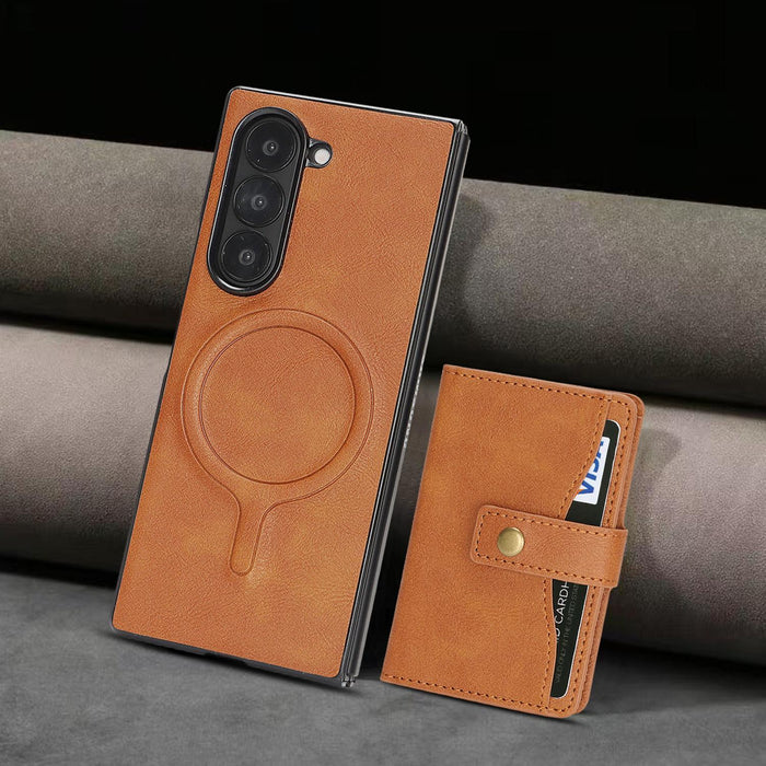 For Samsung Galaxy Z Fold7 5G Magnetic Button Card Bag Magsafe Ring Leather Phone Case