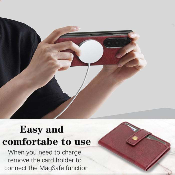 For Samsung Galaxy Z Fold7 5G Magnetic Button Card Bag Magsafe Ring Leather Phone Case