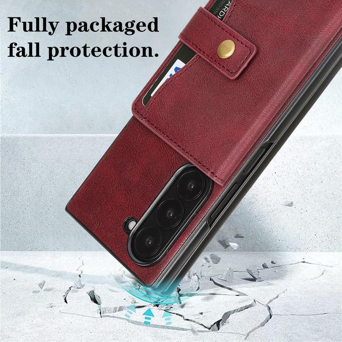 For Samsung Galaxy Z Fold7 5G Magnetic Button Card Bag Magsafe Ring Leather Phone Case