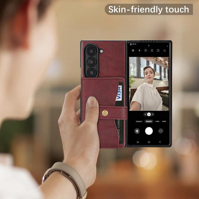 For Samsung Galaxy Z Fold7 5G Magnetic Button Card Bag Magsafe Ring Leather Phone Case