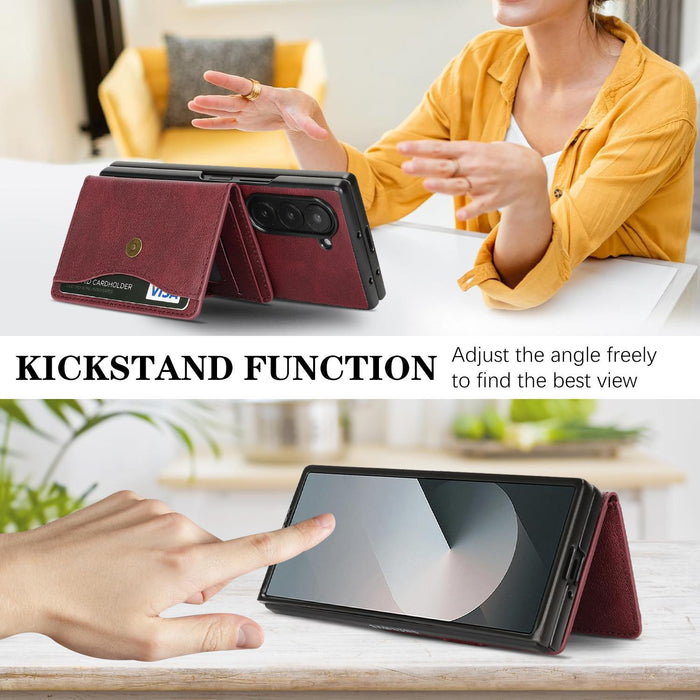 For Samsung Galaxy Z Fold7 5G Magnetic Button Card Bag Magsafe Ring Leather Phone Case