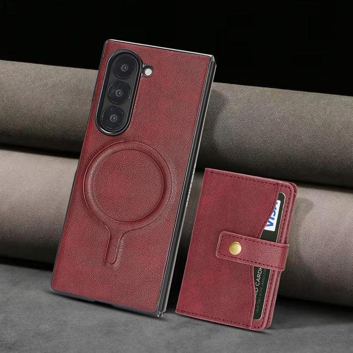 For Samsung Galaxy Z Fold7 5G Magnetic Button Card Bag Magsafe Ring Leather Phone Case