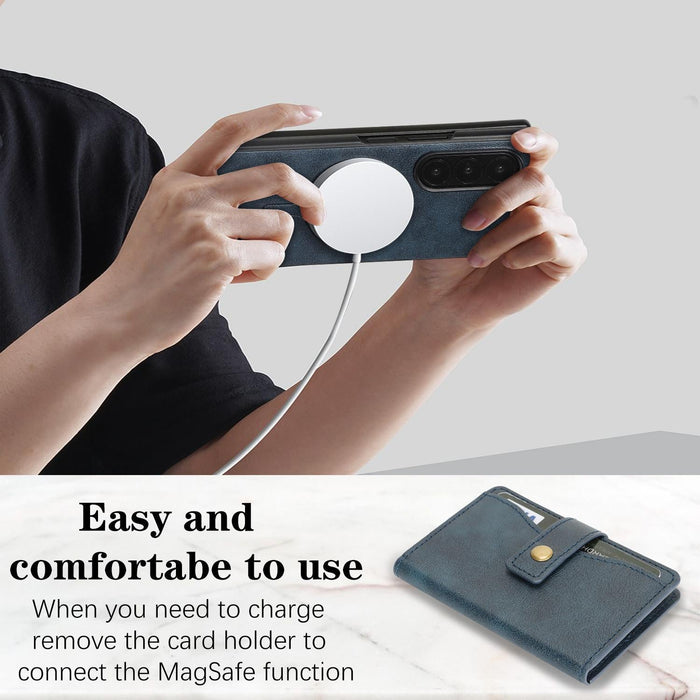 For Samsung Galaxy Z Fold7 5G Magnetic Button Card Bag Magsafe Ring Leather Phone Case