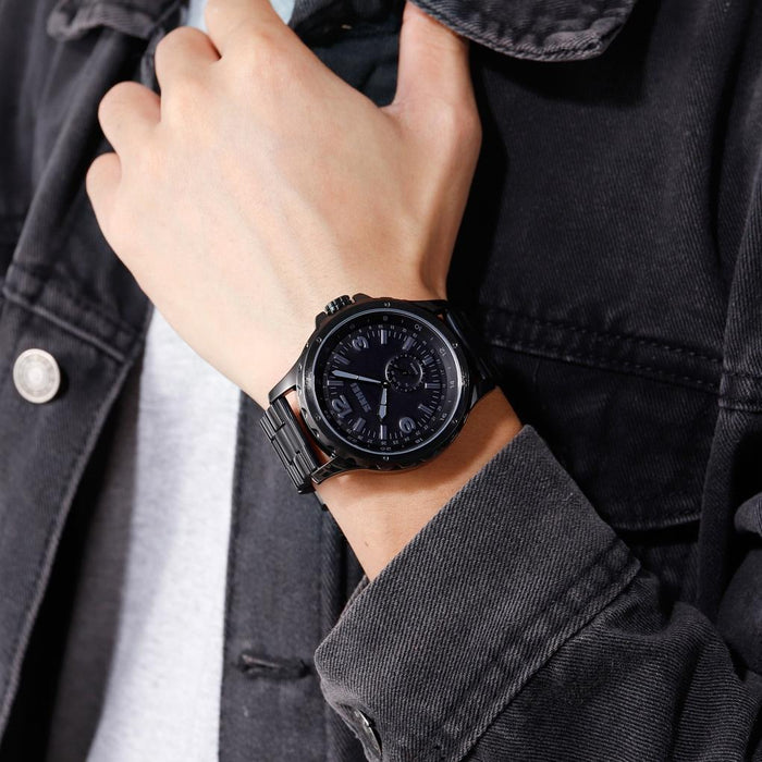 1513 Fashion Trendy Steel Band Quartz Men Waterproof Leisure Watch Black