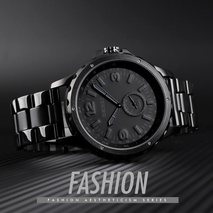 1513 Fashion Trendy Steel Band Quartz Men Waterproof Leisure Watch Black