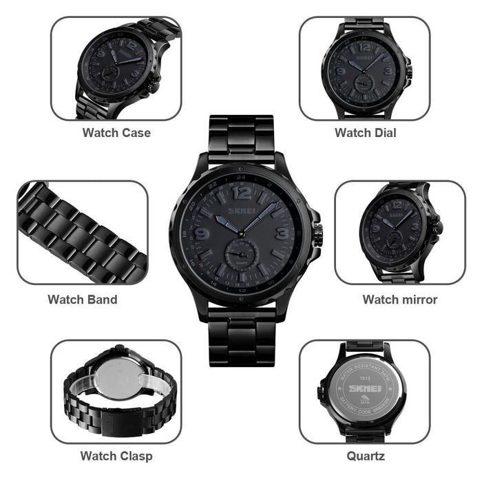 1513 Fashion Trendy Steel Band Quartz Men Waterproof Leisure Watch Black