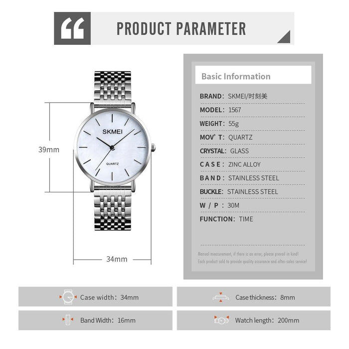 1567 Light And Thin Leisure Simple 30M Waterproof Shell Dial Women Steel Band Quartz Watch Silvery