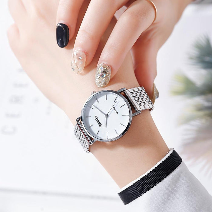 1567 Light And Thin Leisure Simple 30M Waterproof Shell Dial Women Steel Band Quartz Watch Silvery