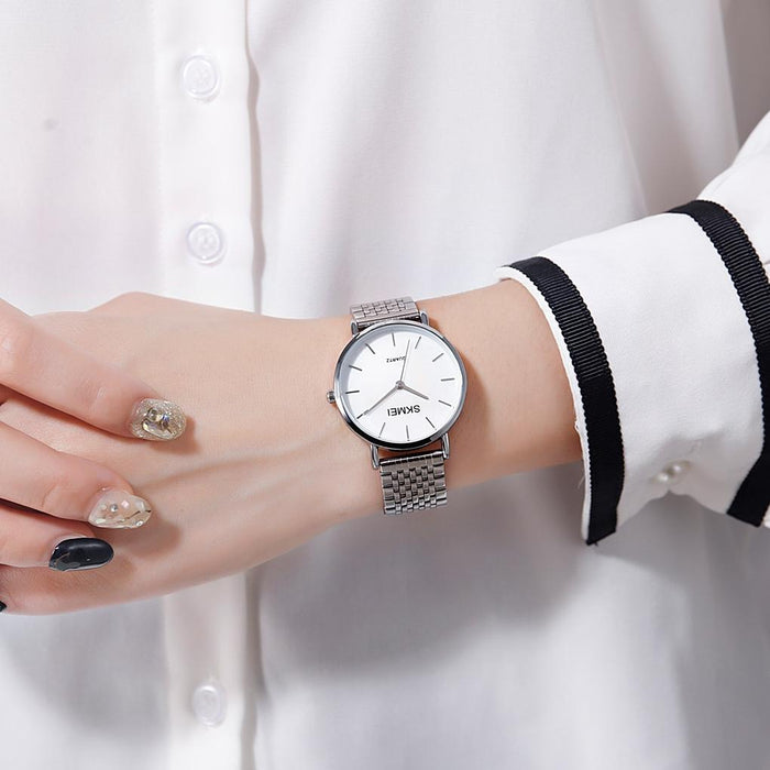 1567 Light And Thin Leisure Simple 30M Waterproof Shell Dial Women Steel Band Quartz Watch Silvery