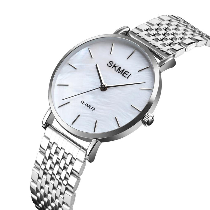 1567 Light And Thin Leisure Simple 30M Waterproof Shell Dial Women Steel Band Quartz Watch Silvery