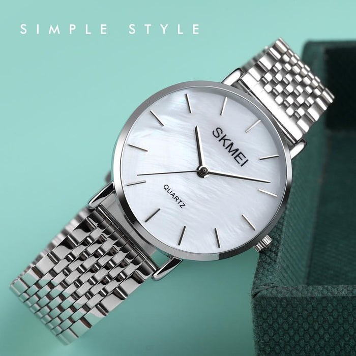 1567 Light And Thin Leisure Simple 30M Waterproof Shell Dial Women Steel Band Quartz Watch Silvery