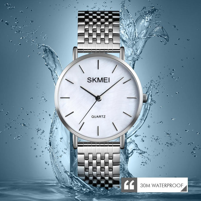 1567 Light And Thin Leisure Simple 30M Waterproof Shell Dial Women Steel Band Quartz Watch Silvery
