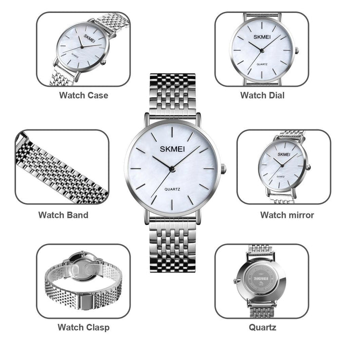 1567 Light And Thin Leisure Simple 30M Waterproof Shell Dial Women Steel Band Quartz Watch Silvery