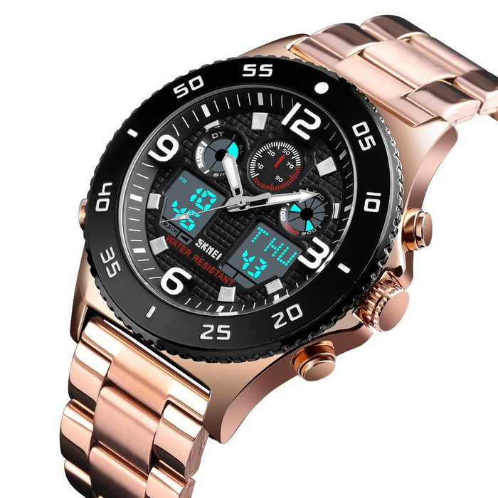 1538 Multi-Function Time Large Dial Steel Belt Men Casual Sports Electronic Watch