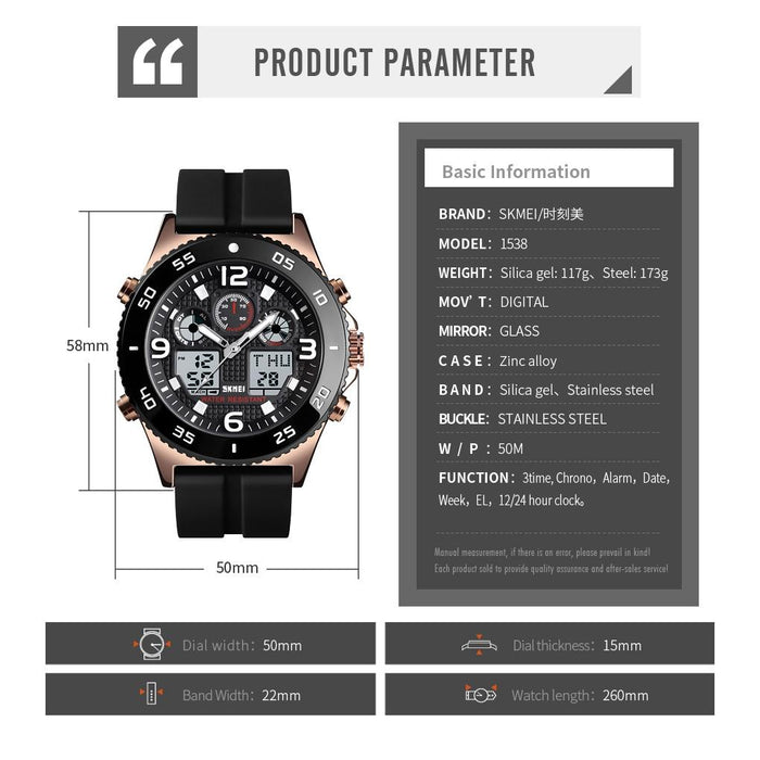 1538 Multi-Function Time Large Dial Steel Belt Men Casual Sports Electronic Watch