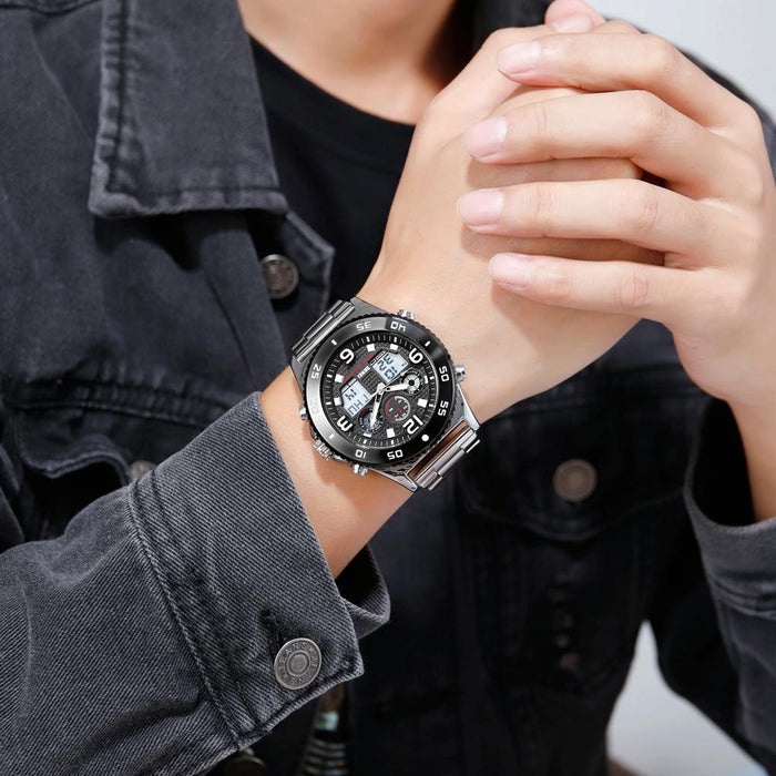 1538 Multi-Function Time Large Dial Steel Belt Men Casual Sports Electronic Watch