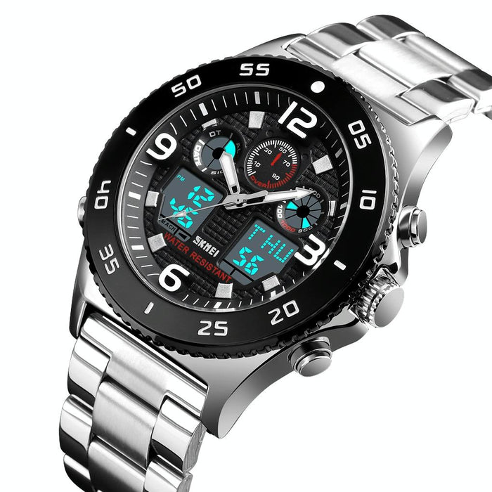 1538 Multi-Function Time Large Dial Steel Belt Men Casual Sports Electronic Watch