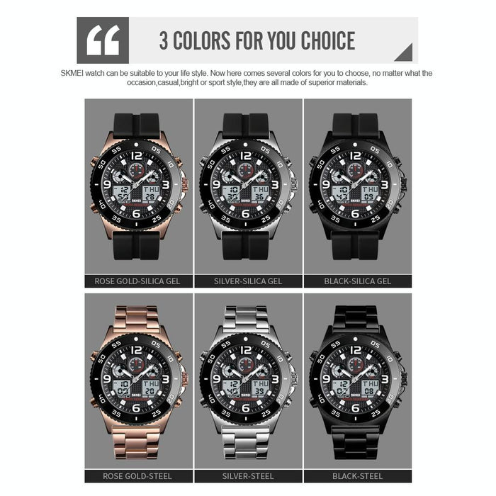 1538 Multi-Function Time Large Dial Steel Belt Men Casual Sports Electronic Watch