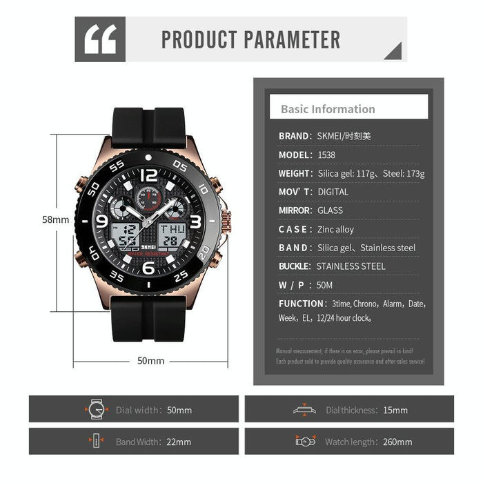 1538 Multi-Function Time Large Dial Steel Belt Men Casual Sports Electronic Watch