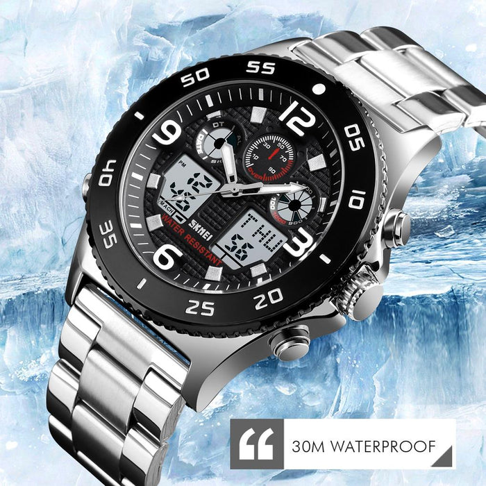 1538 Multi-Function Time Large Dial Steel Belt Men Casual Sports Electronic Watch