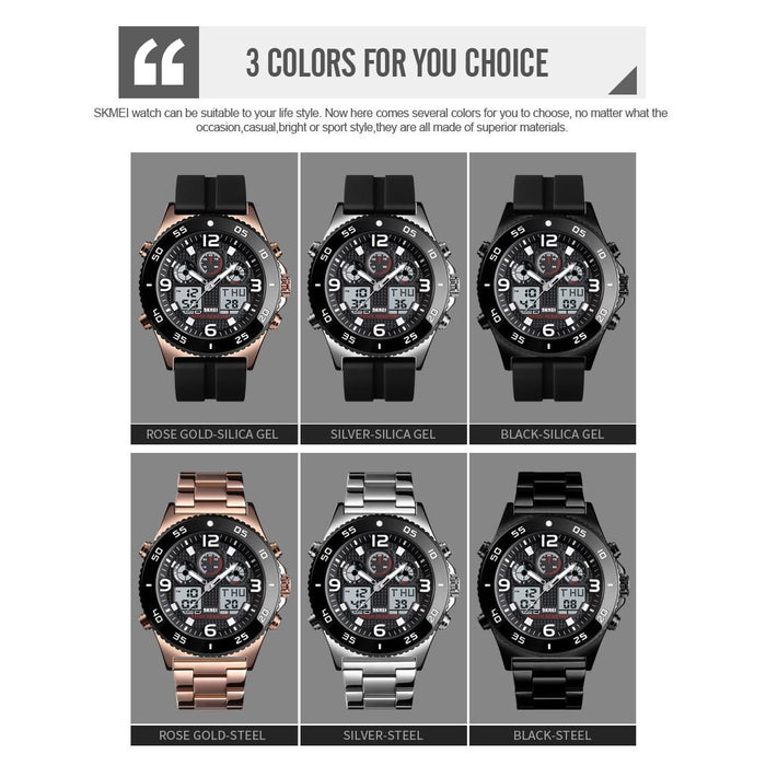 1538 Multi-Function Time Large Dial Steel Belt Men Casual Sports Electronic Watch