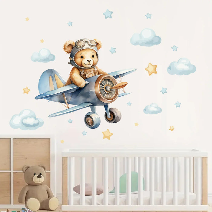 Cartoon Pilot Bear Wall Decals For Kids Room Decor