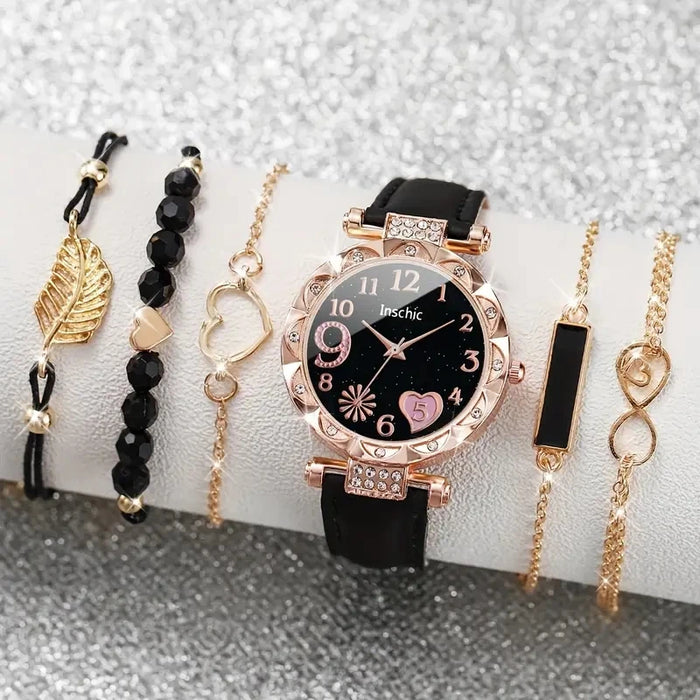 6 Piece Rhinestone Heart Dial Watch Bracelet Set