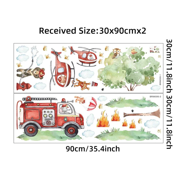 Adorable Animal Fire Truck Wall Decals For Kids Room
