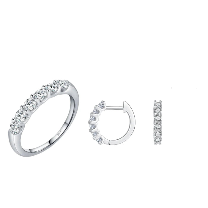 925 Sterling Silver Sparkling Geometric Hoop Earrings & Ring Setd Colour Moissanite