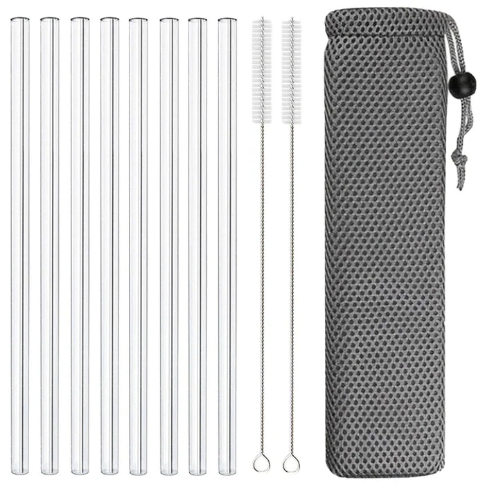 8 Piece Reusable Glass Straws For Smoothies & Cocktails With Brushes