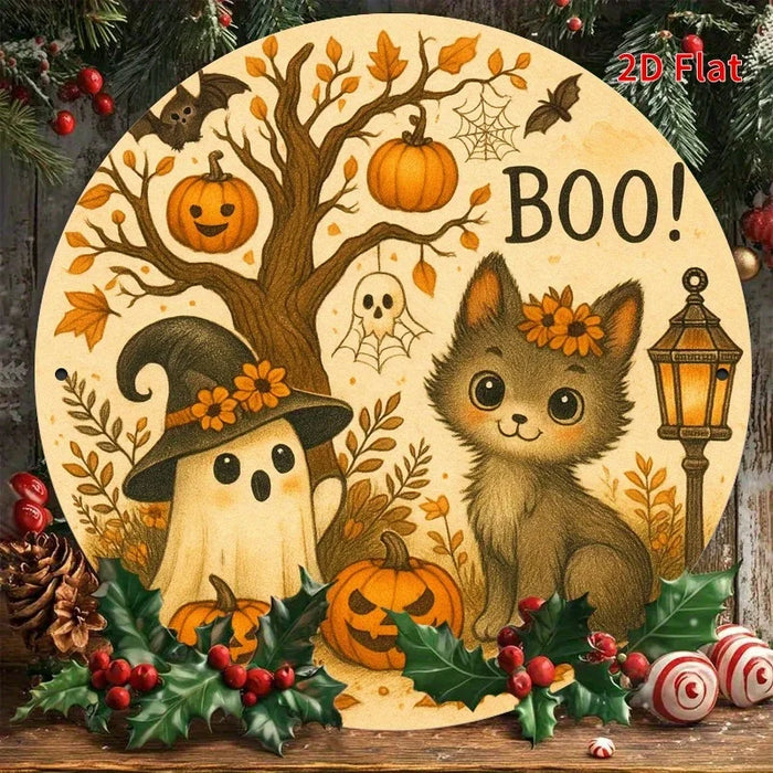 Vintage Round Iron Sign Cozy Halloween & Christmas Scene With Ghosts And Puppy