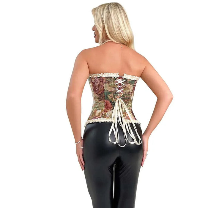 Floral Lace Trim Overbust Corset Women 1920S Retro Bustier With Boning And Front Busk Closure