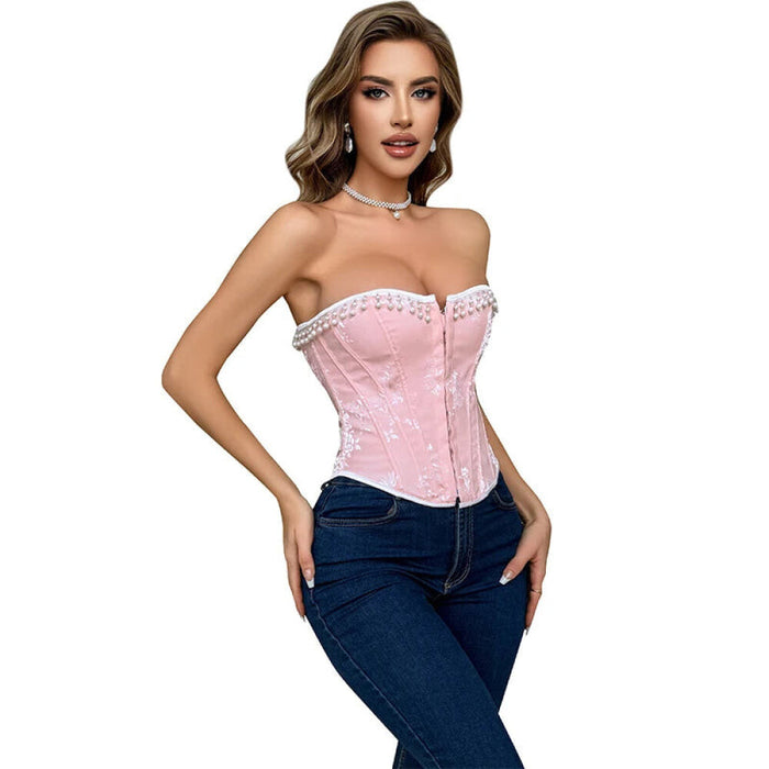 Floral Jacquard Lace Up Boned Victorian Corset With Beading And Tassel Detail Adjustable Hook And Eye Closure
