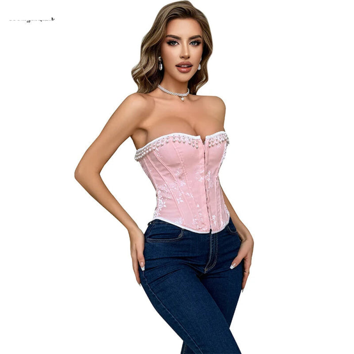 Floral Jacquard Lace Up Boned Victorian Corset With Beading And Tassel Detail Adjustable Hook And Eye Closure