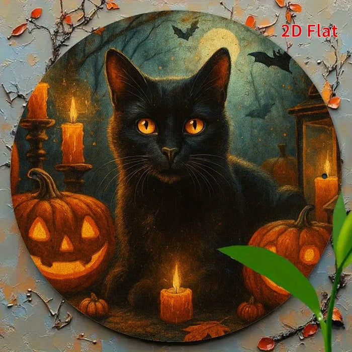 Retro Round Iron Sign Spooky Black Cat & Pumpkin Lantern For Bedroom Or Dining Room