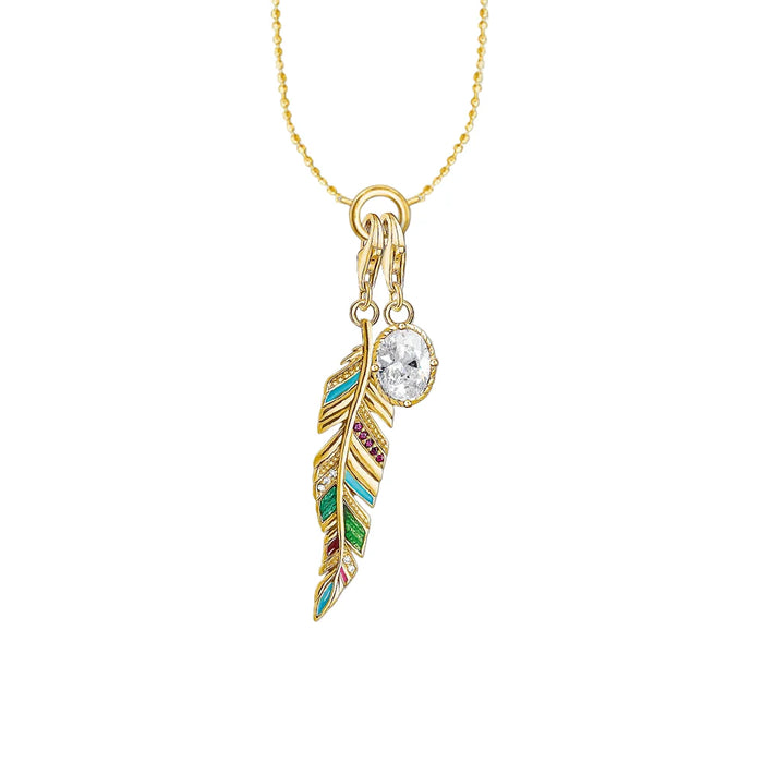 925 Sterling Silver Golden Feather & Oval Cz Charm Necklace Fashion Jewelry For Women