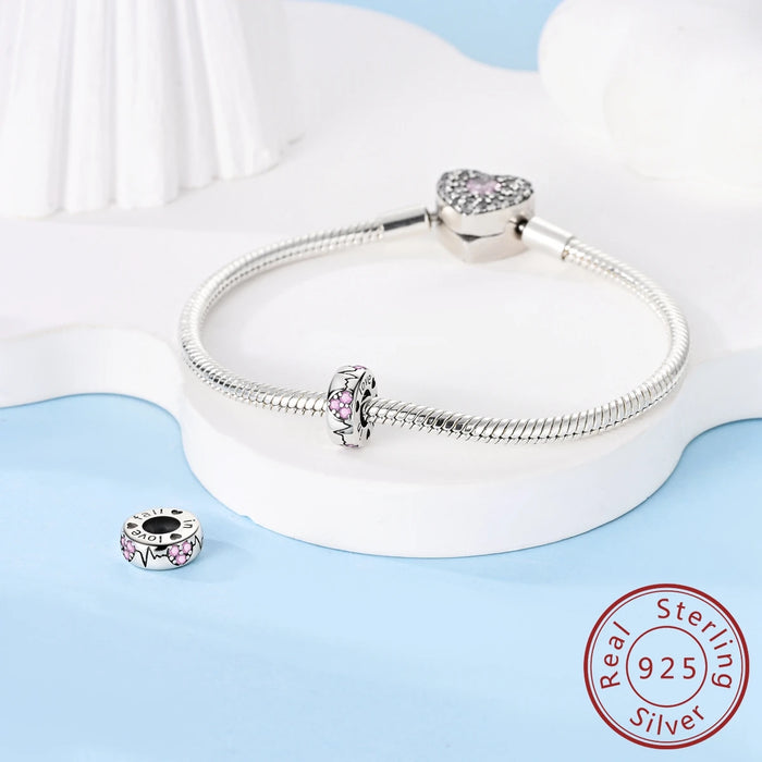 925 Sterling Silver Heart Silicone Spacer Beads Fits Bracelets Women Diy Gift