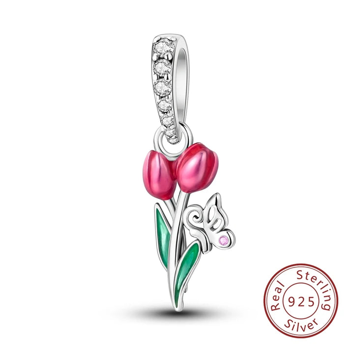 925 Sterling Silver Tulip Butterfly Pendant Fits Bracelets Diy Jewelry For Women