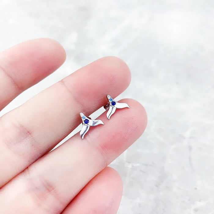 925 Sterling Silver Blue Stone Tail Fin Ear Studs Handcrafted