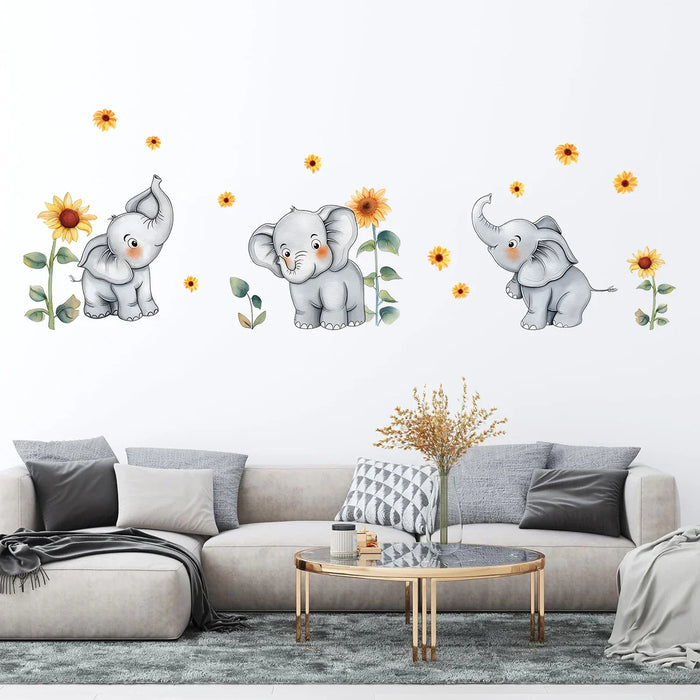 Adorable Sunflower Elephant Wall Decals For Kids Room Decor