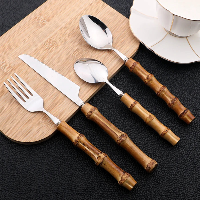 24 Piece Bamboo Handle Stainless Steel Cutlery Set