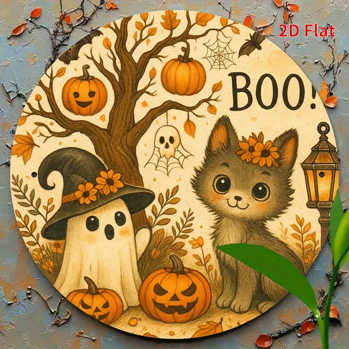 Vintage Round Iron Sign Cozy Halloween & Christmas Scene With Ghosts And Puppy