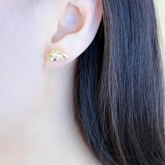 925 Sterling Silver Golden Flower & Leaf Ear Studs Romantic Gift